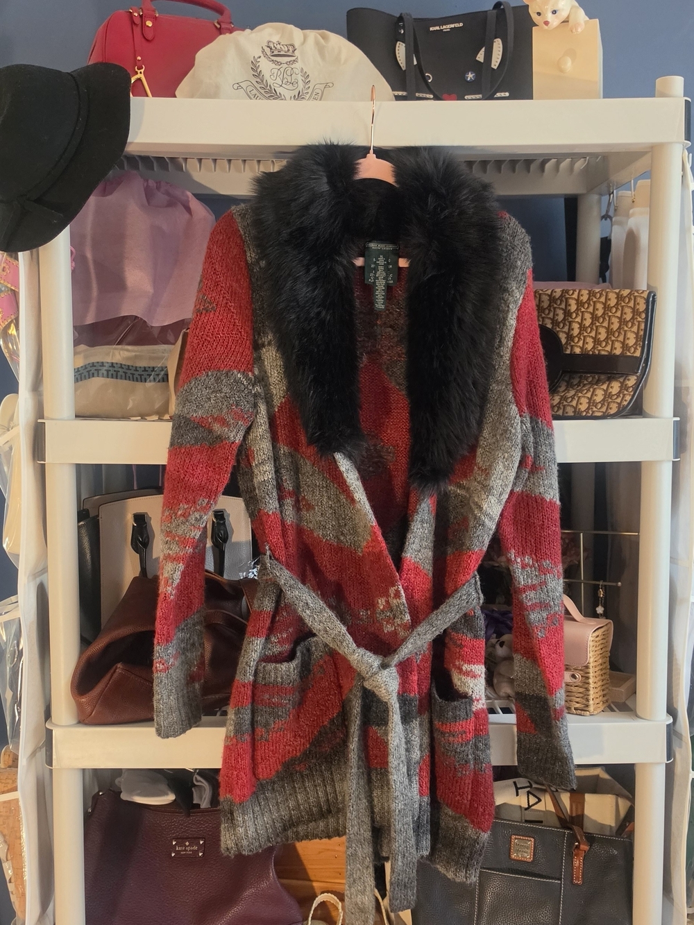 Faux-Fur Collar Belted Knit Cardigan Coatigan in Red and Gray